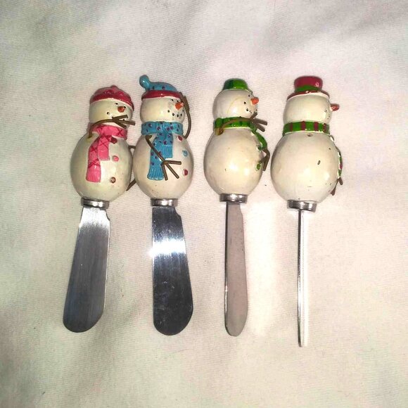 Vintage Boston Warehouse stainless China cheese butter spreader SNOWMEN set of 4 - Picture 2 of 9